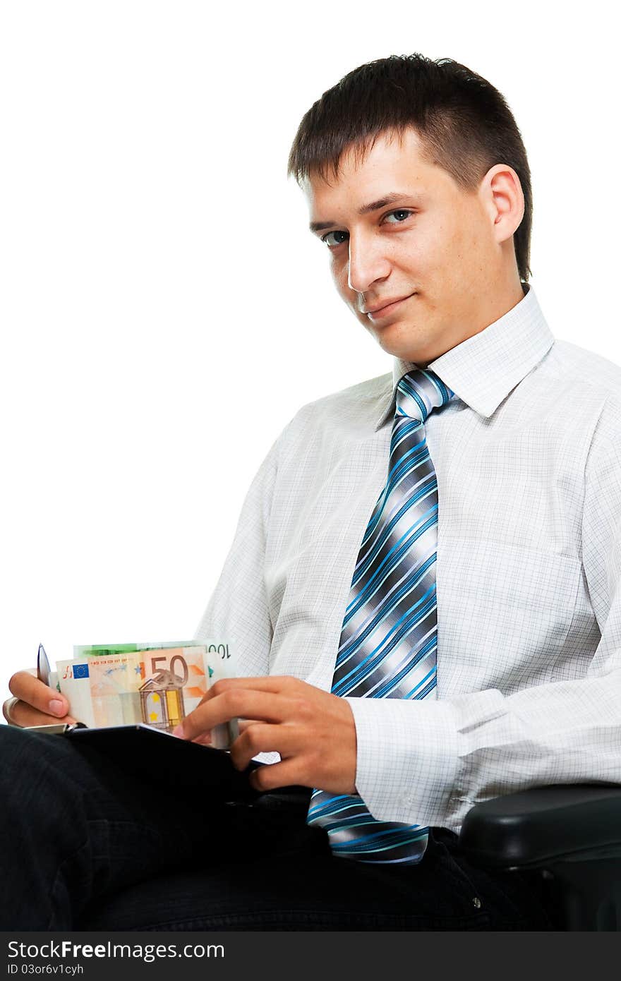 Businessman and the euro in the hands isolated on white background