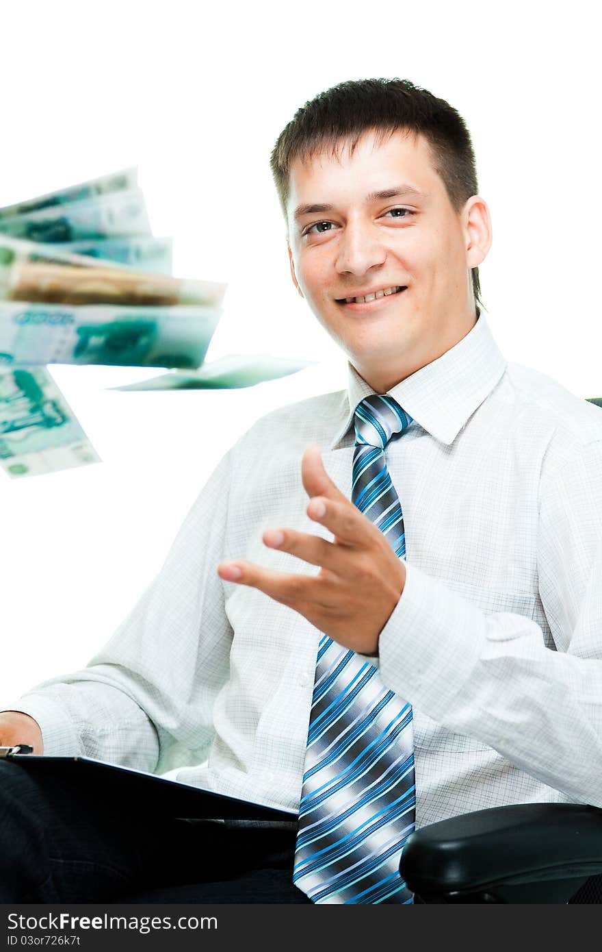 Smiling businesswoman throwing money isolated on a white background