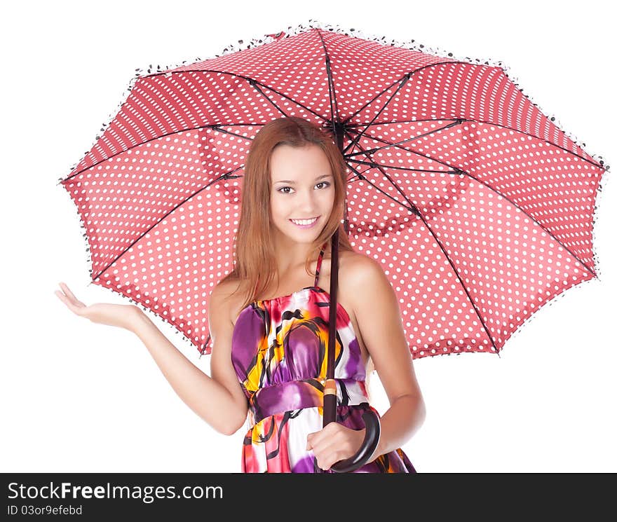 Cheerful girl under umbrella with hand, isolated on white