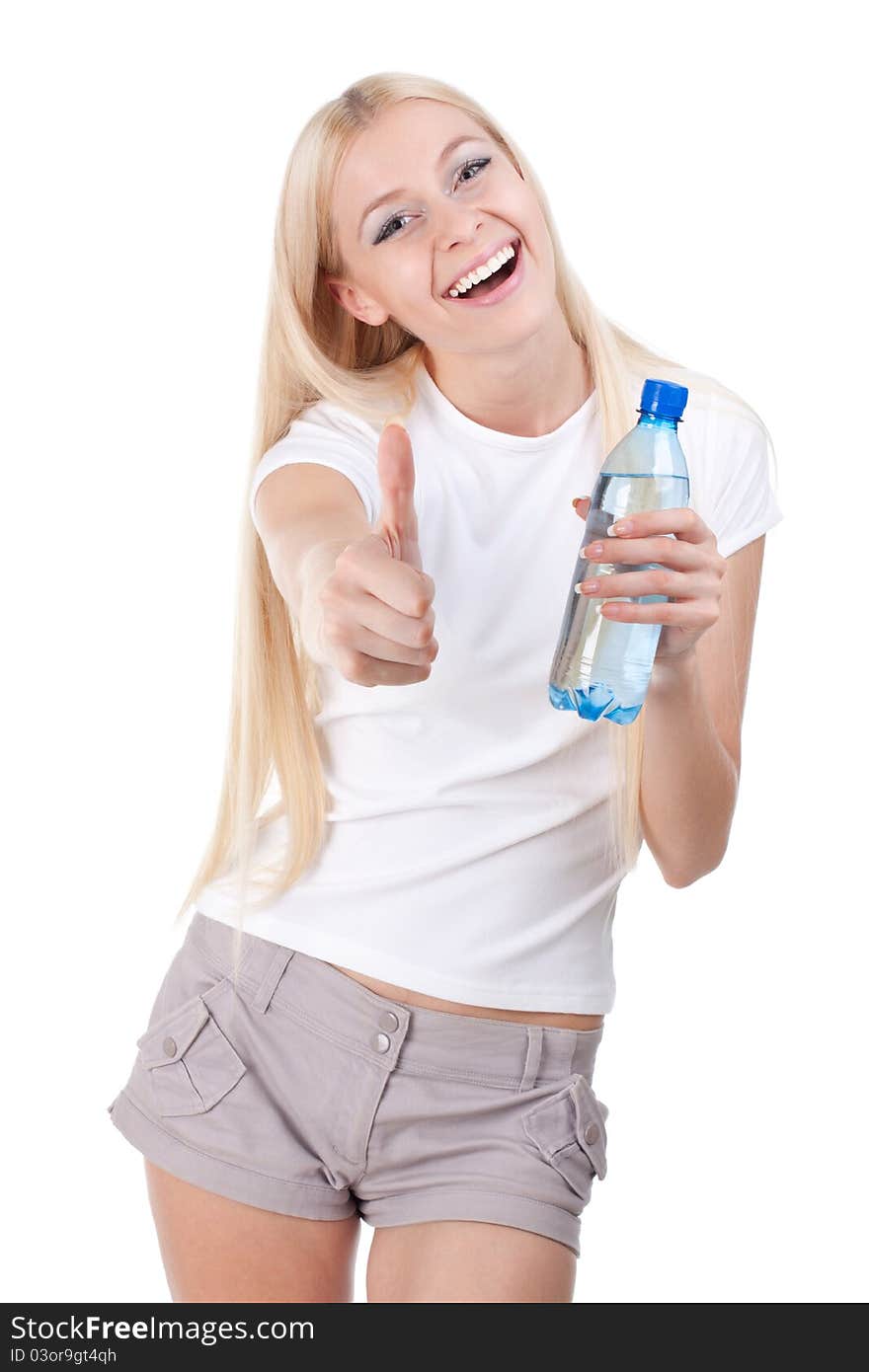 Pretty happy woman with a water bottle, isolated on white