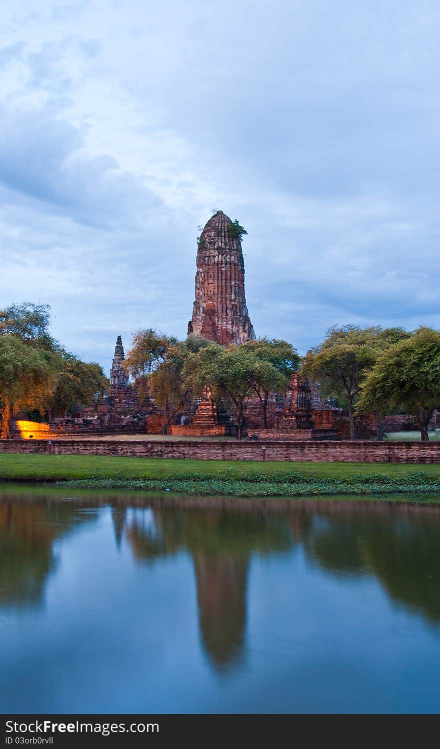 Ruin temple in Ayutthaya with lake horizontal