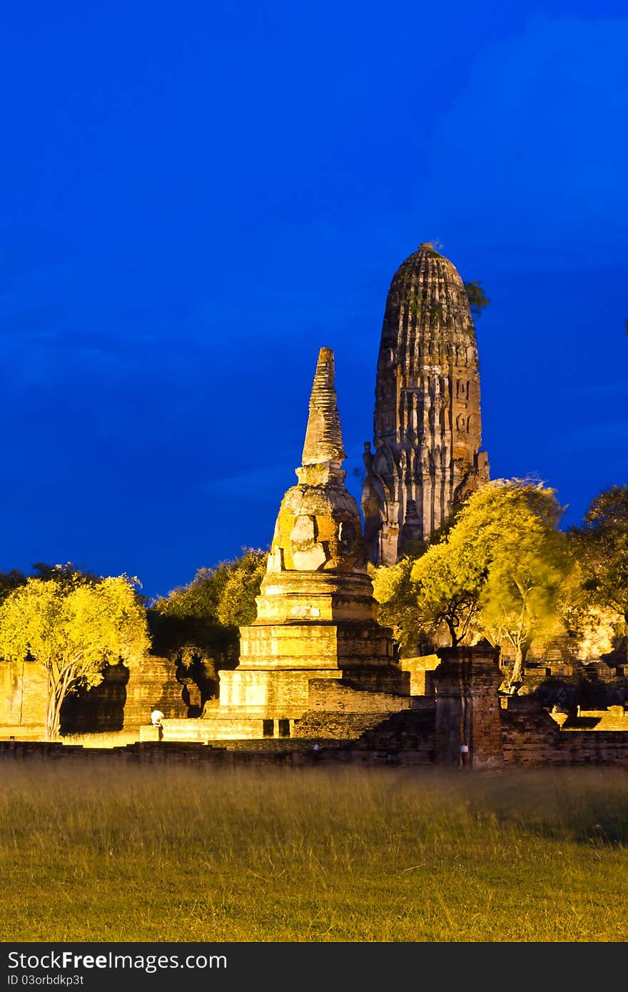 Ruin temple in Ayutthaya Thailand in twilight time