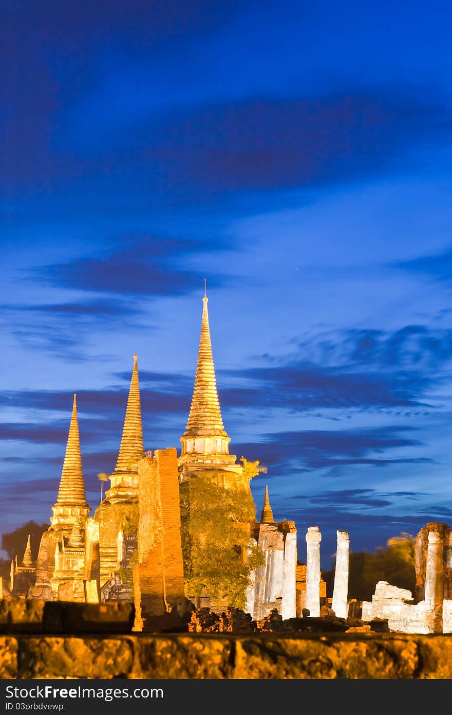 Ruin temple in Ayutthaya Thailand in twilight time