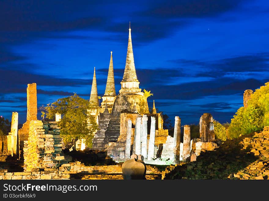 Ruin temple in Ayutthaya Thailand in twilight time