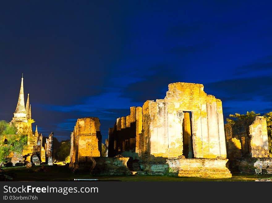 Ruin temple in Ayutthaya Thailand in twilight time