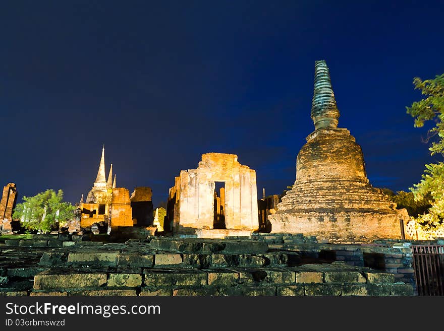 Ruin temple in Ayutthaya Thailand in twilight time