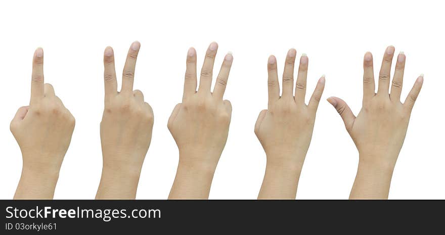 Woman hand making sign. Isolated on white background