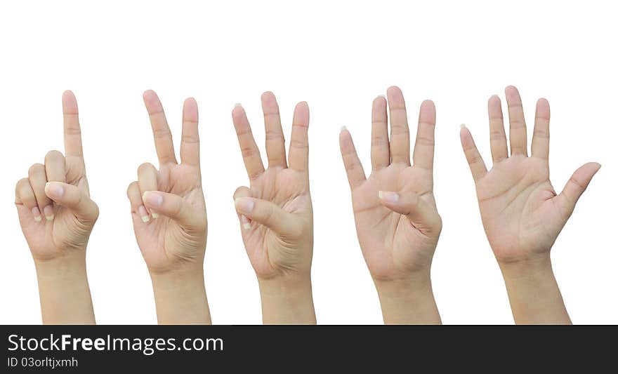 Woman hand making sign. Isolated on white background