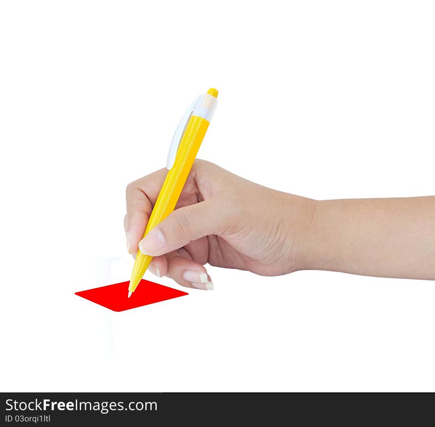 Female hand with yellow pen over white background