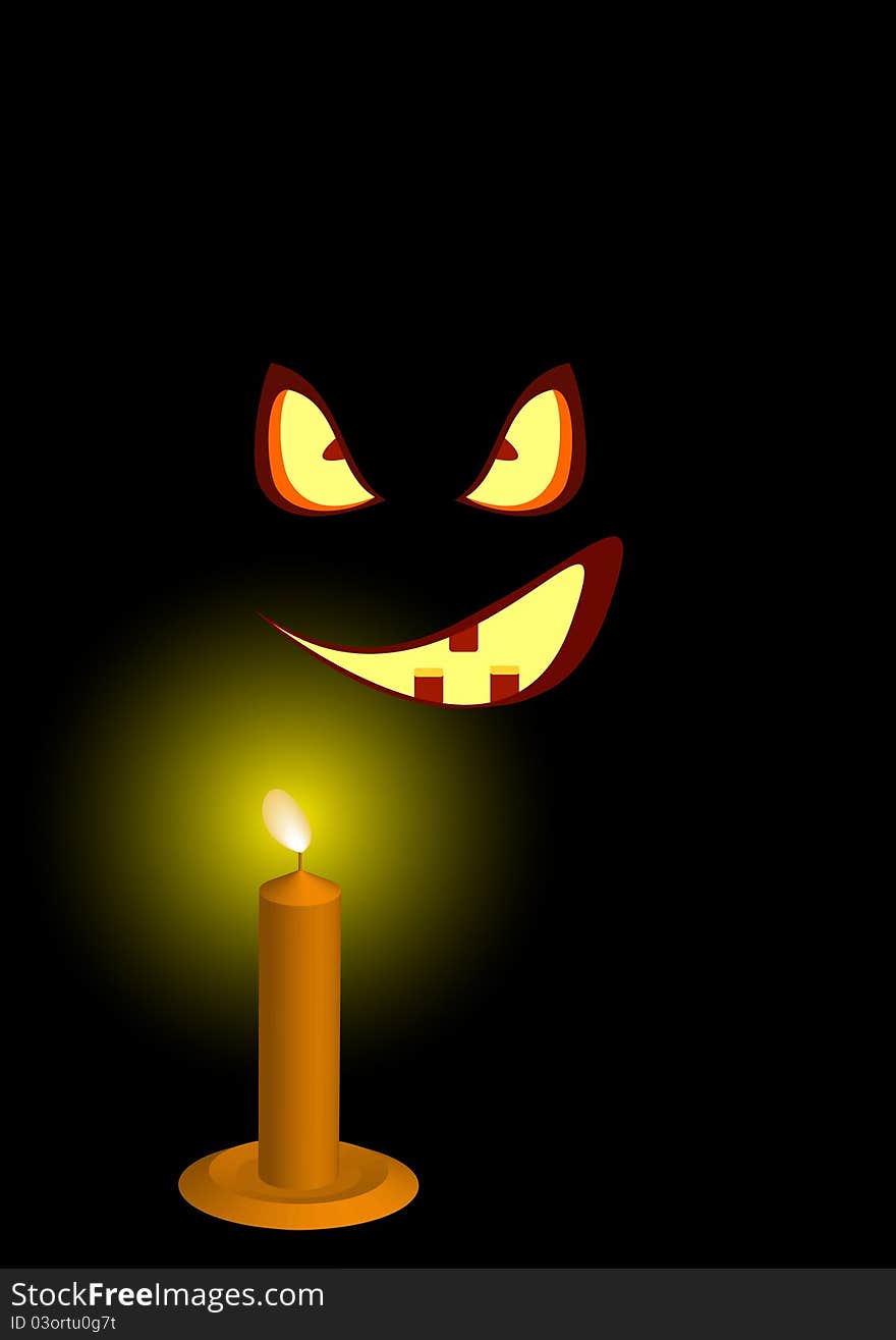 Scary smile, appearing out of the darkness with a candle. Scary smile, appearing out of the darkness with a candle