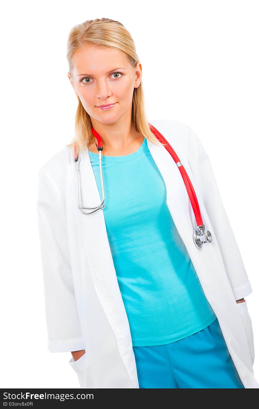 Young medical woman doctor portrait isolated on white background. Young medical woman doctor portrait isolated on white background