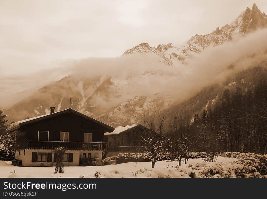 Rural landscape in Chamonix near mountains