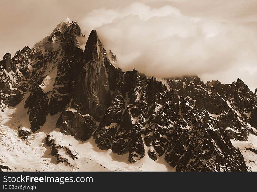 Mountains in Chamonix-Mont-Blanc in cloudy weather