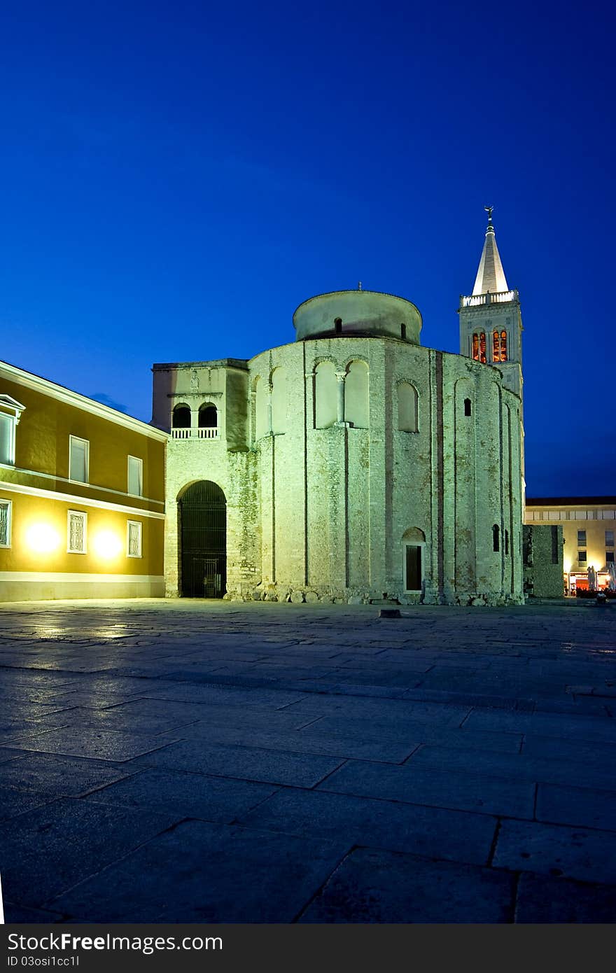 Green, blue and yellow of the Zadar Roman square with the cathedral of St.Donat