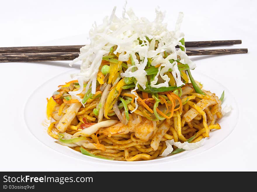 Yellow noodle fried with seafood and vegetables