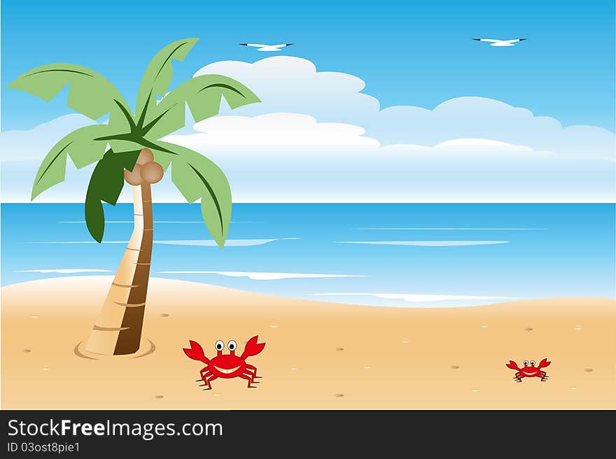 Seascape with palm trees and crabs and birds. Seascape with palm trees and crabs and birds.