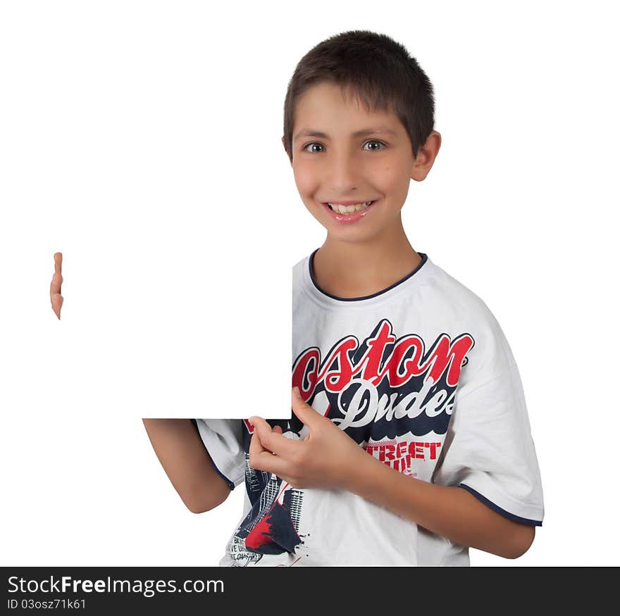 Kid toothy smiles holding white blank paper sign