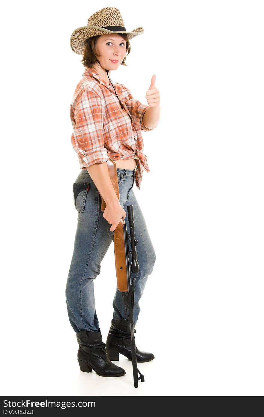 Cowboy woman with a gun on a white background. Cowboy woman with a gun on a white background.