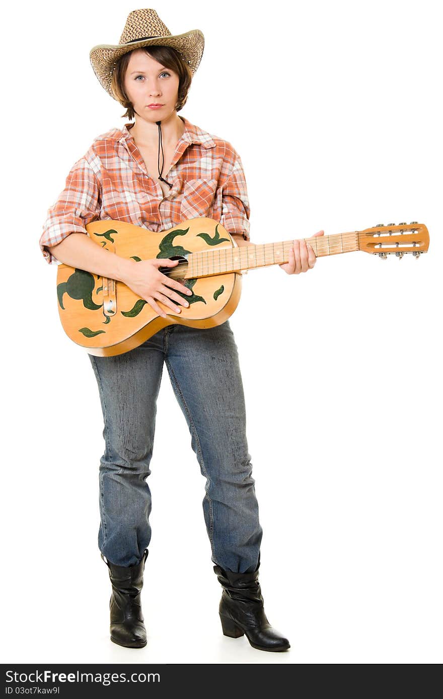 Cowboy woman with a guitar on a white background. Cowboy woman with a guitar on a white background.