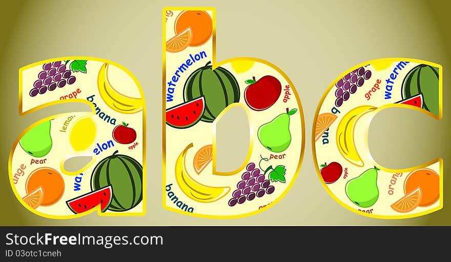 Letter ABC - a variety of fruits on beige background. Letter ABC - a variety of fruits on beige background