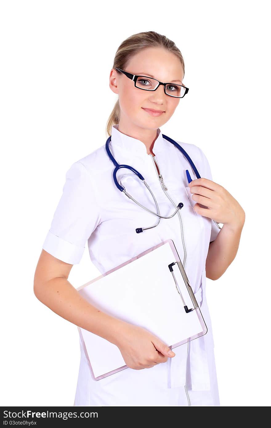 Young female doctor in white uniform with stethoscope. Young female doctor in white uniform with stethoscope