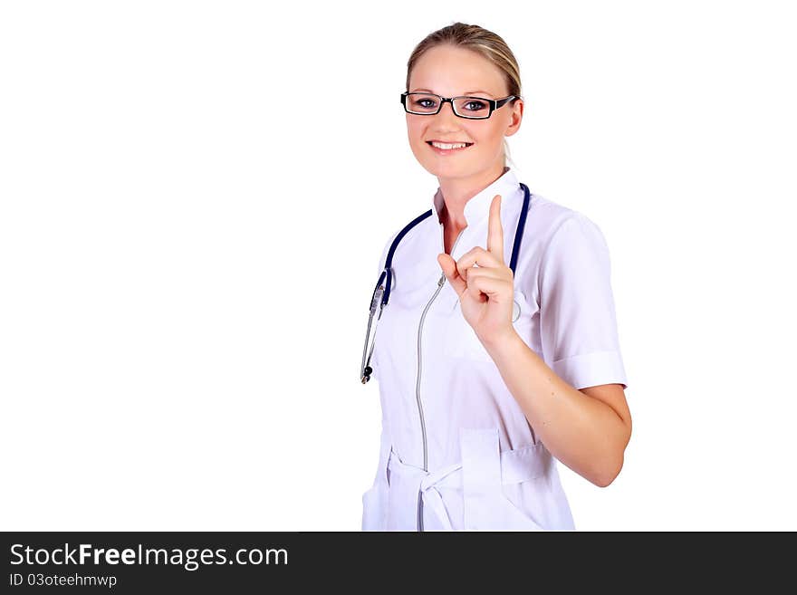 Young female doctor in white uniform with stethoscope. Young female doctor in white uniform with stethoscope