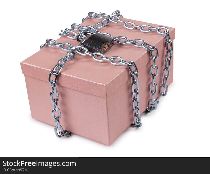 Color photo of a pink cardboard box and a metal chain. Color photo of a pink cardboard box and a metal chain