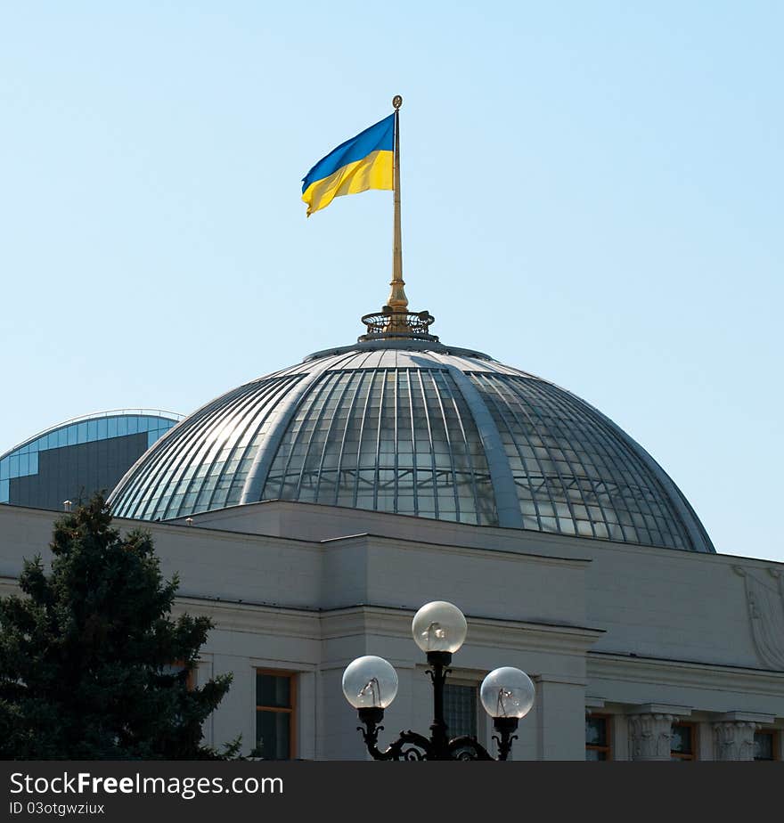 Ukrainian flag on a parliament roof in Kiev