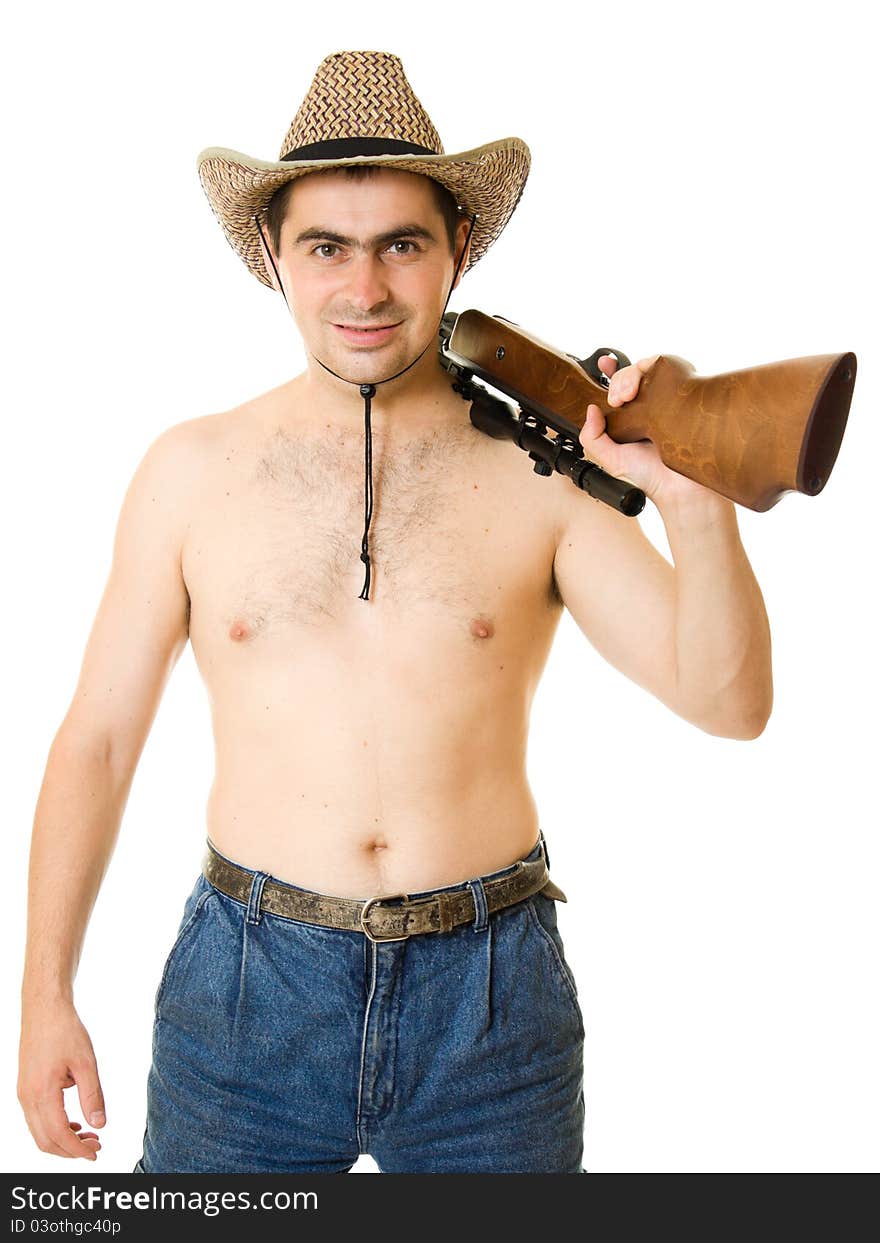 Cowboy Man With A Gun In His Hand.