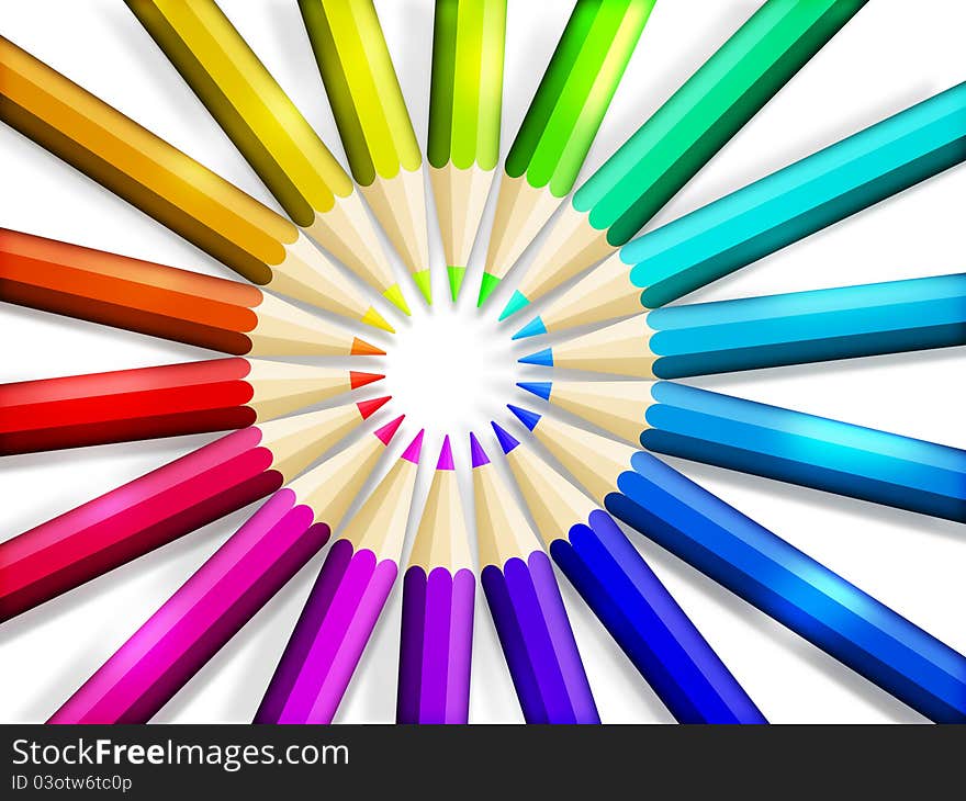 Color pencils in arrange in cycle on white background