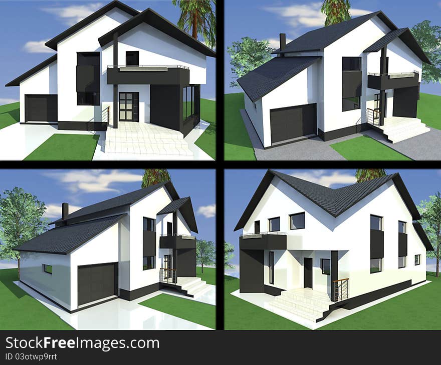 4 view of a 3D render of modern house