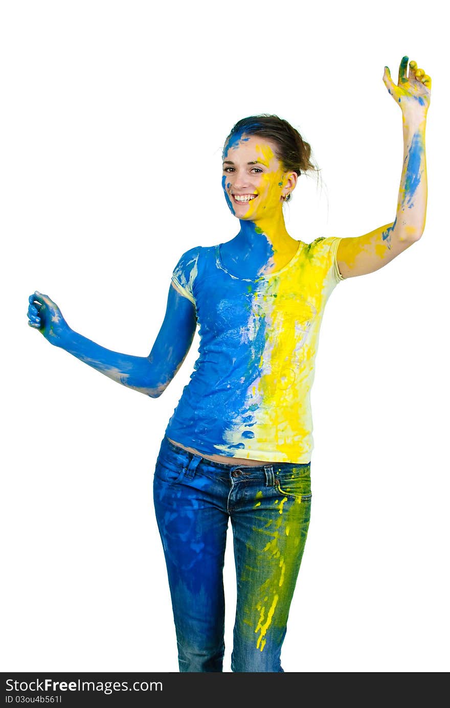 Young woman covered with paint looking at camera. Young woman covered with paint looking at camera