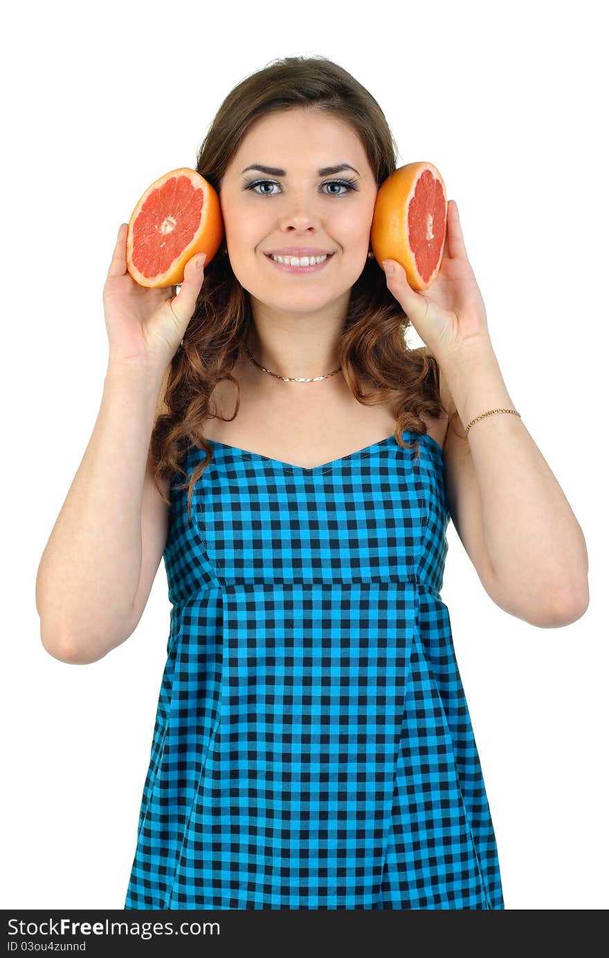 Young beautiful woman with fruit in studio