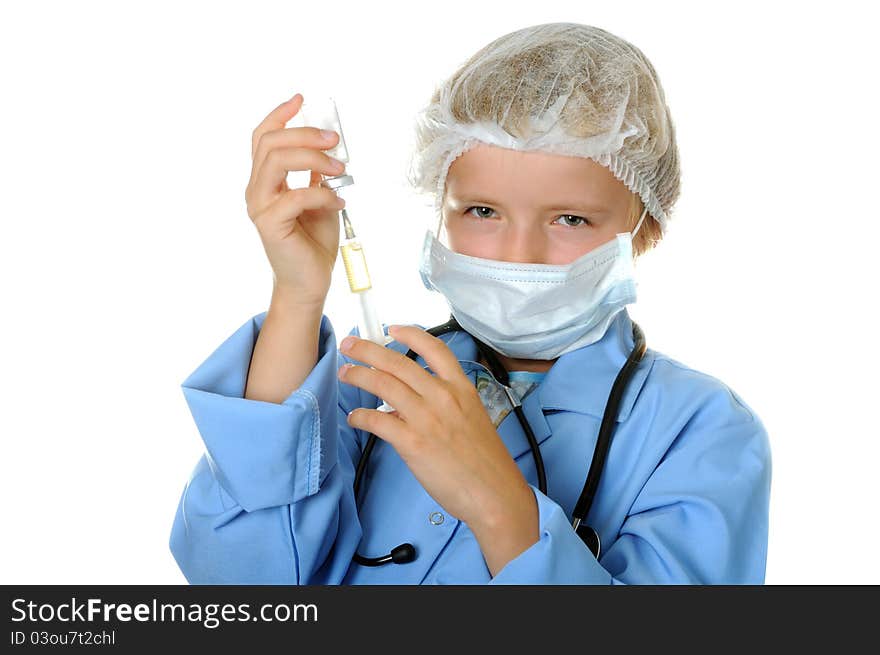 Young doctor with injection, isolated on a white background. Young doctor with injection, isolated on a white background