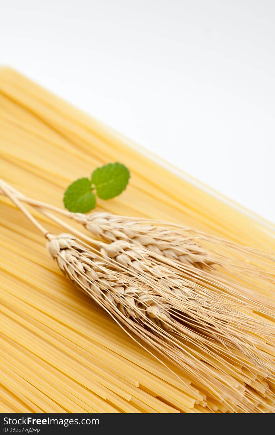 Ingredients of a meal of spaghetti on a white background