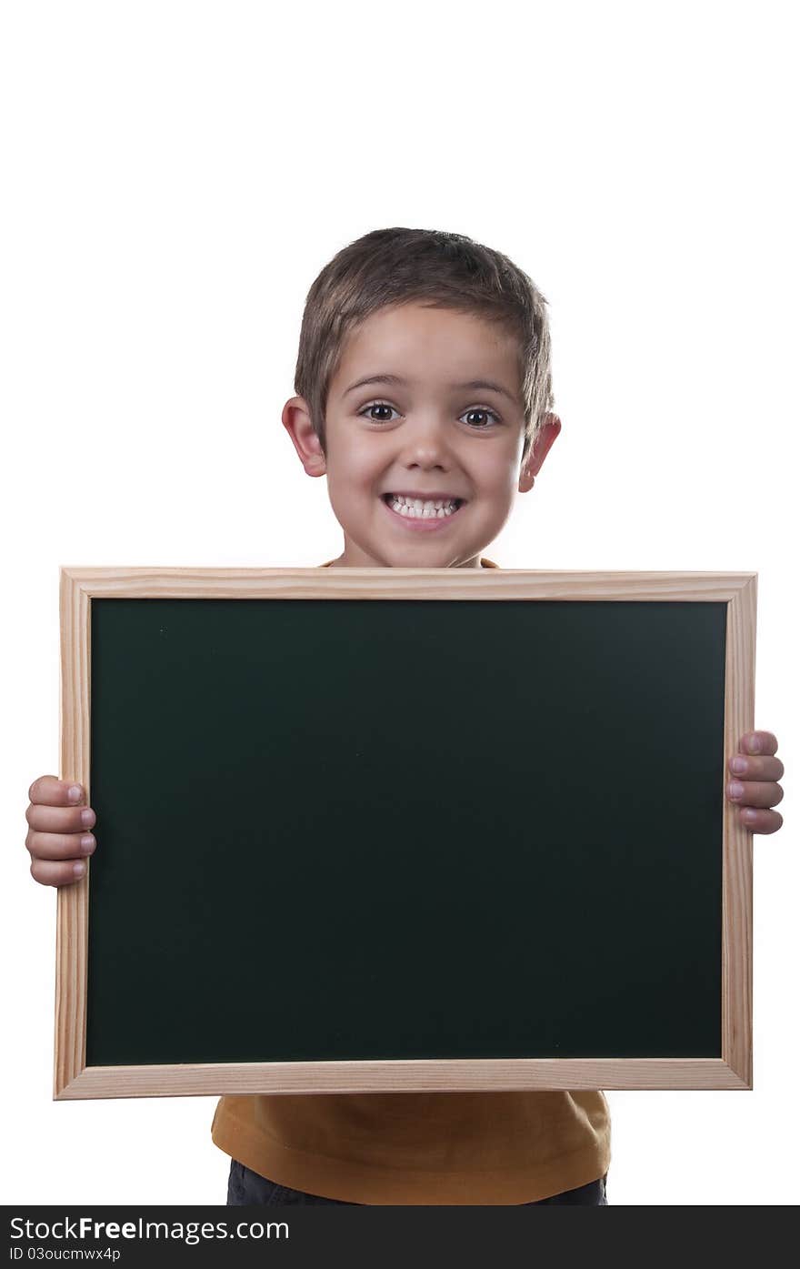 Boy holding a blackboard over white background