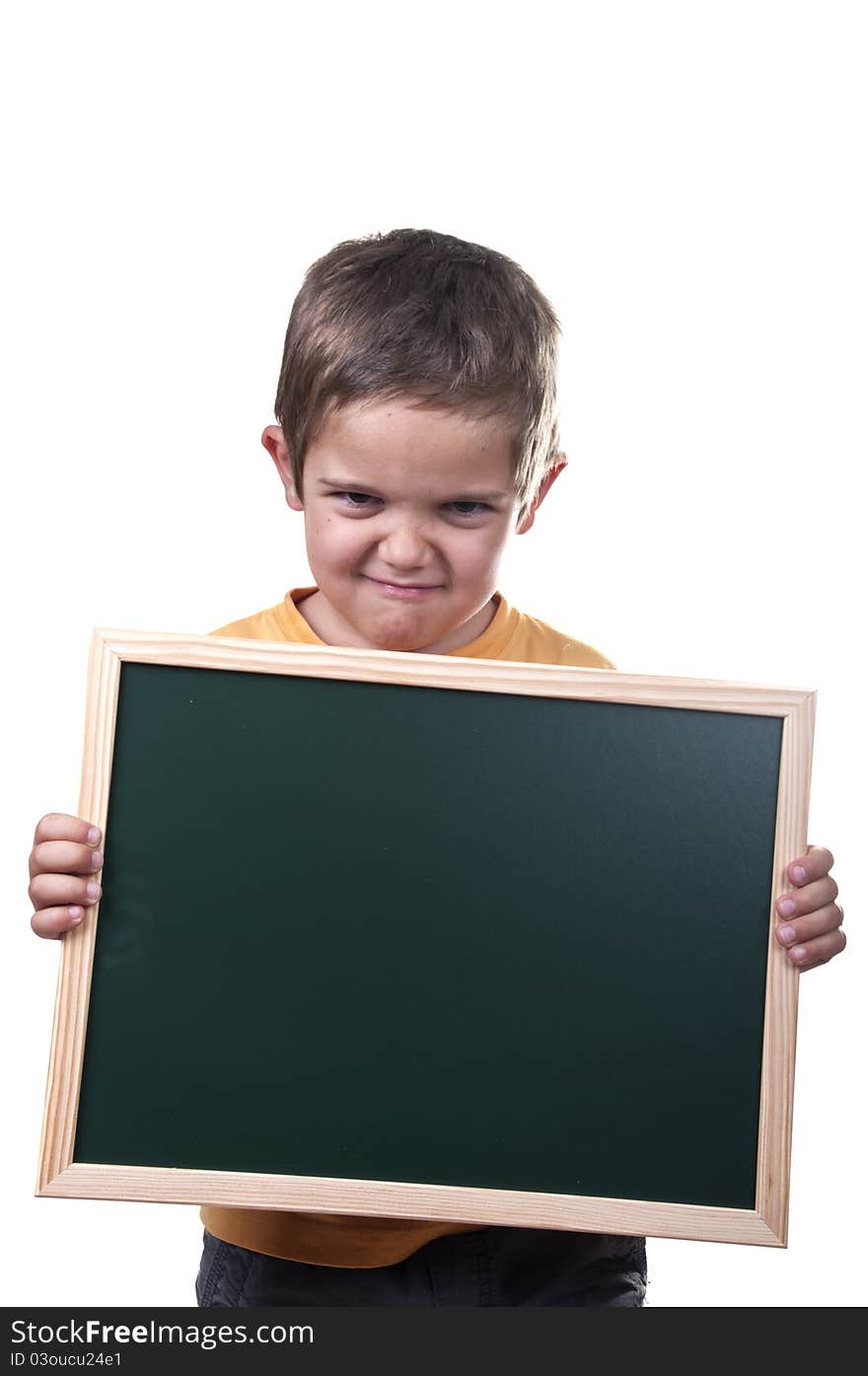 Boy holding a blackboard over white background