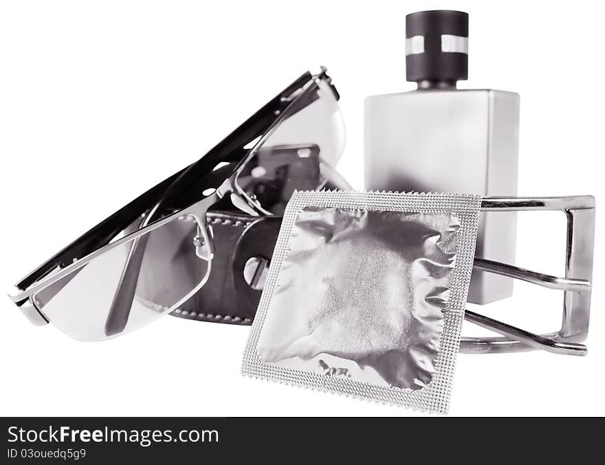 Man accessories and condom isolated on white background, black and white. Man accessories and condom isolated on white background, black and white