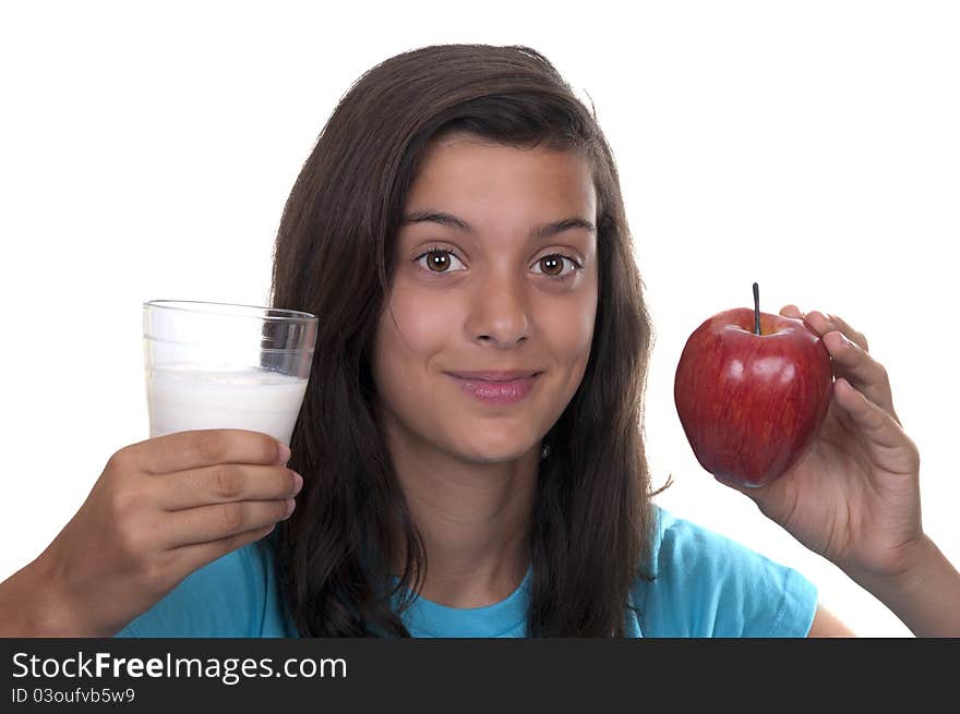 Teenage Girl With Red Apple And A Glass Of Milk