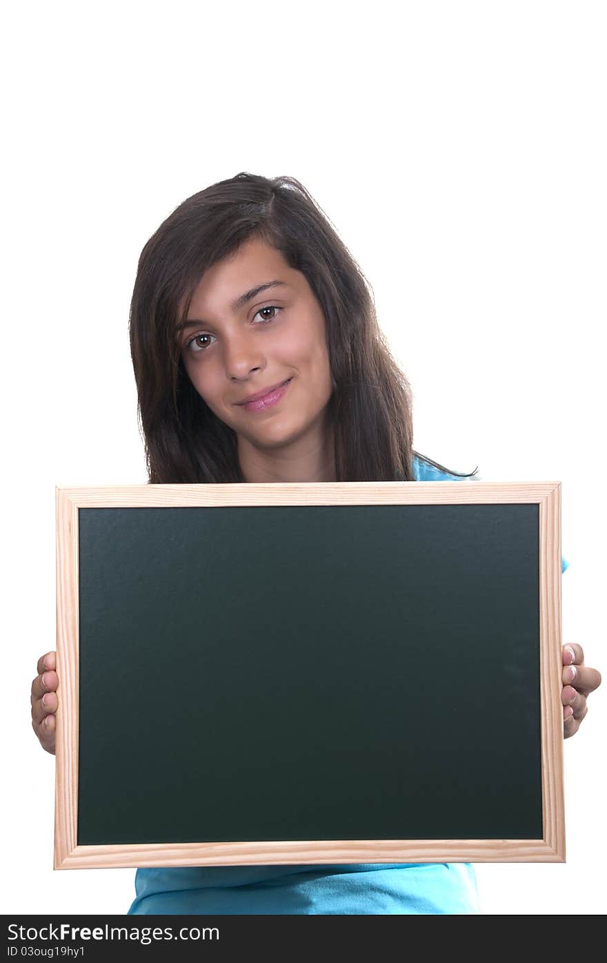 Teenage girl with blackboard on white background