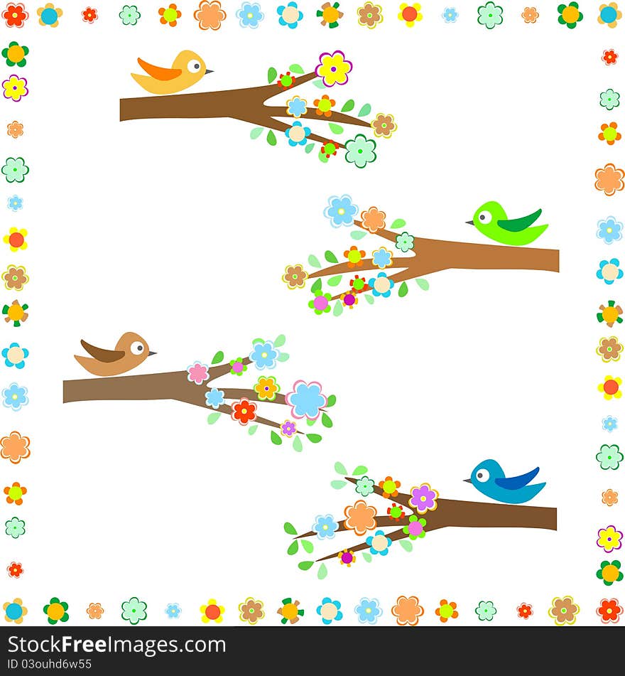 Birds sitting on different tree branches with decorative leaf