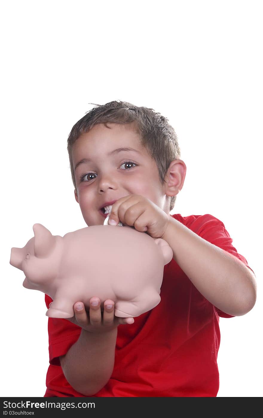 Child with piggy bank on white background