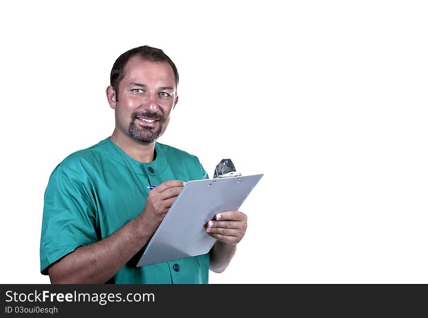 Surgeon making notes on white background