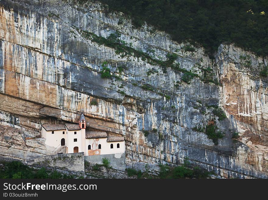 San Colombano hermitage in the North of Italy, Trentino A.A. region. It’s built over a overhanging rock of 120 meters. IX century