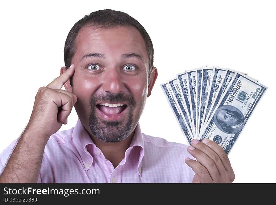 Smiling man with $ 100 bills on white background