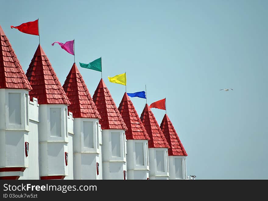 Flags on Towers at the Amusement ride Pier in Ocean City, New Jersey