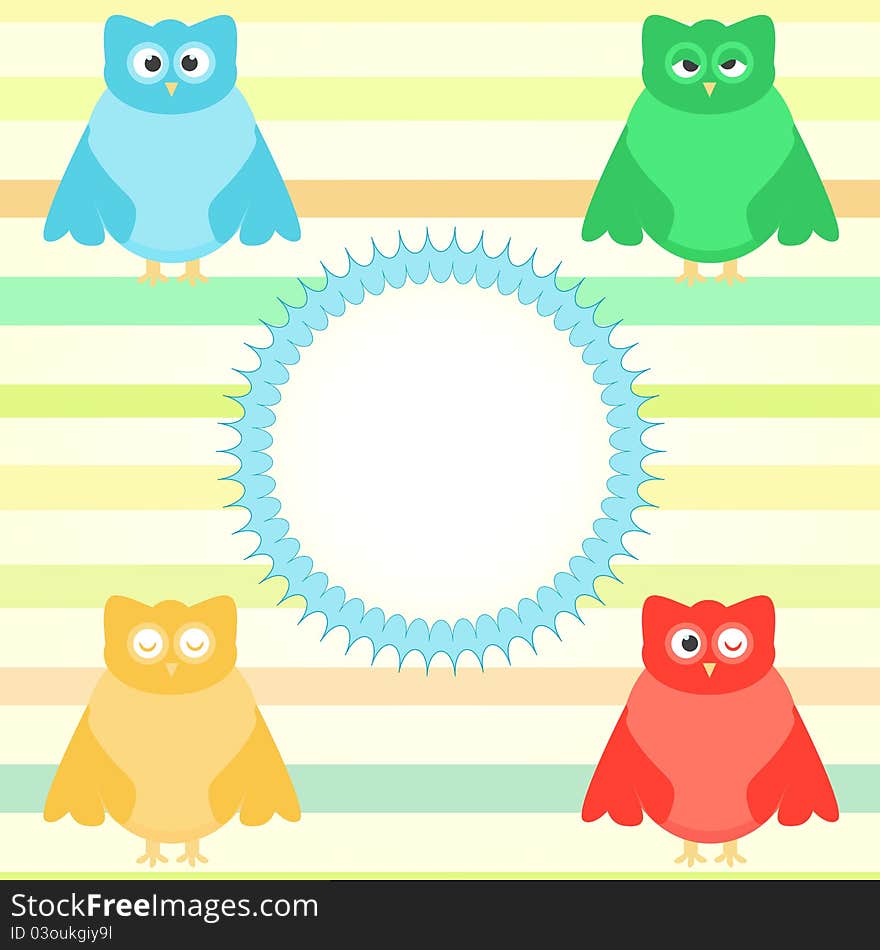 Cute owl cartoon set background with vintage circle. Cute owl cartoon set background with vintage circle