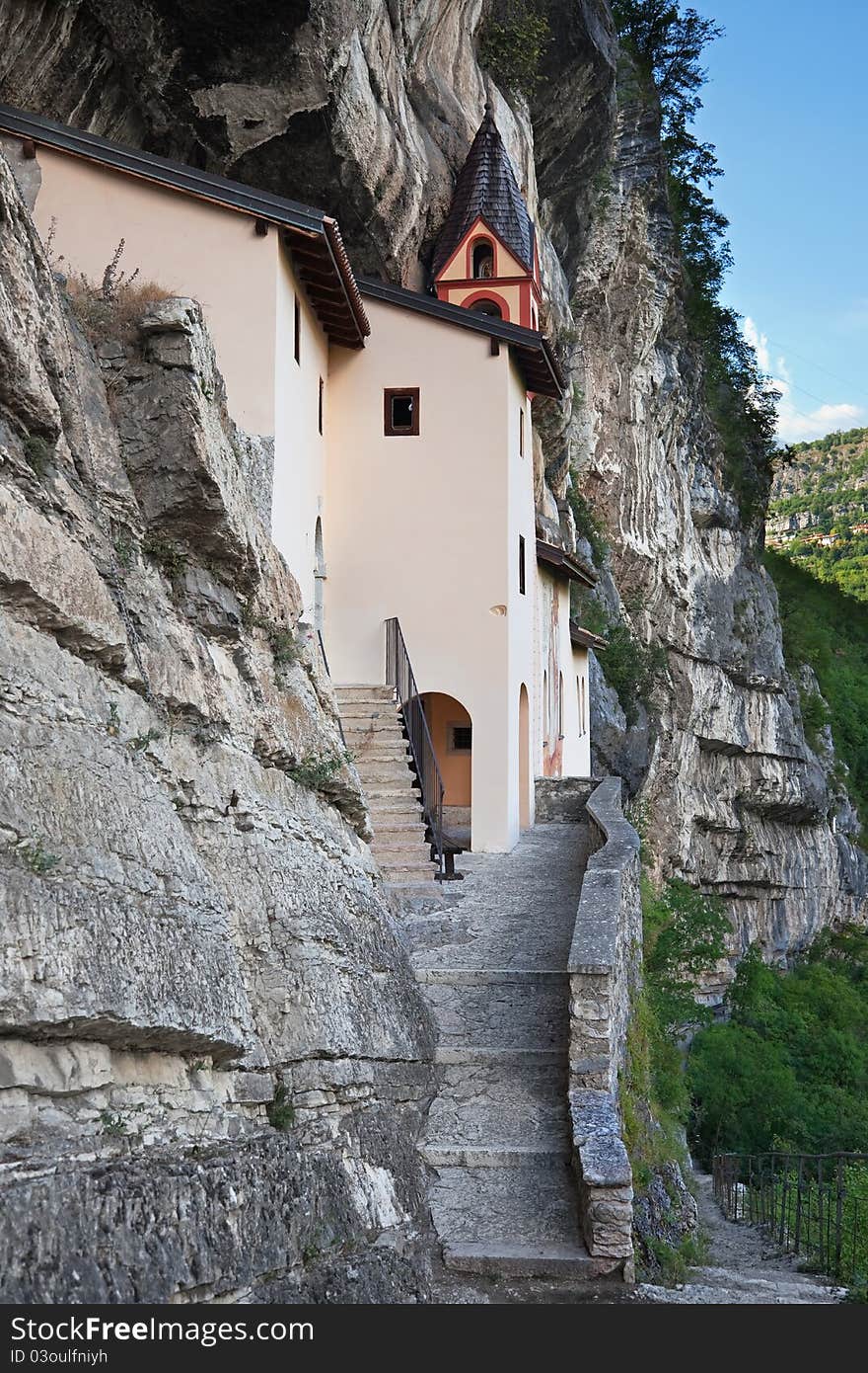 San Colombano hermitage in the North of Italy, Trentino A.A. region. It’s built over a overhanging rock of 120 meters. IX century