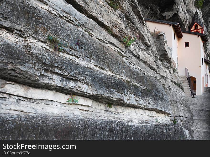 San Colombano hermitage in the North of Italy, Trentino A.A. region. It’s built over a overhanging rock of 120 meters. IX century