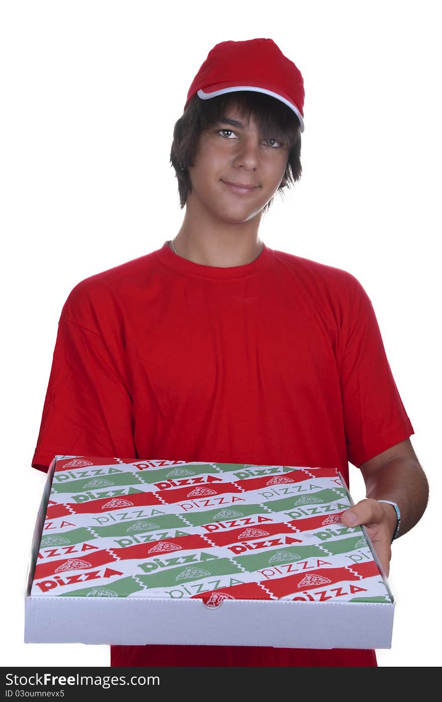 Pizza delivery boy on white background